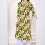 Green Linen Cotton Round Neck Women Long Kurta