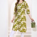 Green Linen Cotton Round Neck Women Long Kurta