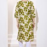 Green Linen Cotton Round Neck Women Long Kurta