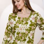 Green Linen Cotton Round Neck Women Long Kurta