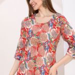 Tomato Linen Cotton Round Neck Women Long Kurta