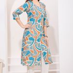 Blue Orange Linen Cotton Round Neck Women Long Kurta