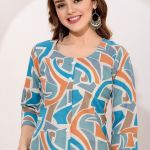 Blue Orange Linen Cotton Round Neck Women Long Kurta