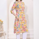 Multicolored Linen Cotton Women Long Kurta With Ban Collar