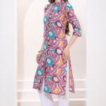 Wine Linen Cotton Women Long Kurta With Ban Collar