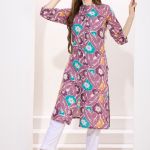 Wine Linen Cotton Women Long Kurta With Ban Collar