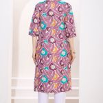 Wine Linen Cotton Women Long Kurta With Ban Collar