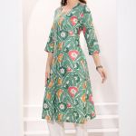 Pista Green Linen Cotton Round Neck Women Long Kurta