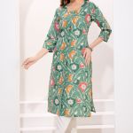 Pista Green Linen Cotton Round Neck Women Long Kurta