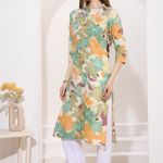Green Multicolored Linen Cotton Women Long Kurta With Ban Collar