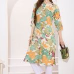 Green Multicolored Linen Cotton Women Long Kurta With Ban Collar