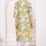 Green Multicolored Linen Cotton Women Long Kurta With Ban Collar