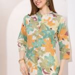 Green Multicolored Linen Cotton Women Long Kurta With Ban Collar