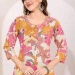 Pink Orange Linen Cotton Round Neck Women Long Kurta