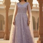 Lavender Heavy Threadwork Embellished Bridal Gown With Long Cape Sleeve