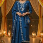 Aqua blue chinon silk embroidered palazzo suit stitched