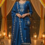 Aqua blue chinon silk embroidered palazzo suit stitched