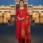 festive look with this red heavy embroidered kurta with pant & dupatta