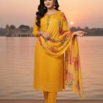 yellow embroidered Chikankari suit set with a floral printed dupatta.