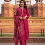 pink embroidered kurta  set with a matching floral print dupatta.