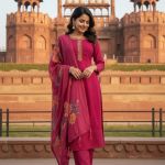 pink embroidered kurta  set with a matching floral print dupatta.