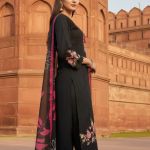 Black embroidered kurta and pant set with a pink floral dupatta