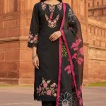 Black embroidered kurta and pant set with a pink floral dupatta