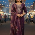 purple Chanderi kurta set with a floral dupatta and trousers