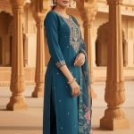 Teal blue Chanderi kurta set with a floral dupatta and trousers